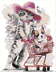 Malování podle čisel - Kočka a štěně v nákupním vozíku - 40 x 50 cm - obtížnost 3 (Střední)