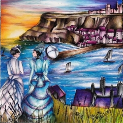 ukázka práce s Neocolor I. - pastely použity na nebe, moře, trávu, ostatní pastelky Prismacolor - autorka @AviYzageh (FCB)