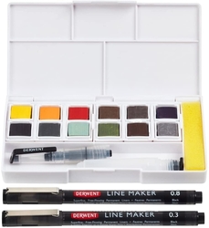 DERWENT Line and wash paint Set - sada 12 ks - rozmývatelné pánvičky