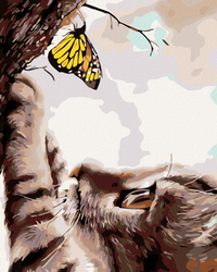 Malování podle čisel - Kočka a žlutý motýl - 40 x 50 cm - obtížnost 1 (velmi snadné)