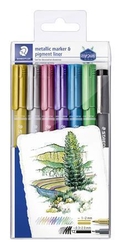 STAEDTLER Design Journey Metallic pen - 6 různých metalických barev+1 černý popisovač - hrot 1-2 mm - sada 7 ks