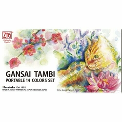 Kuretake GANSAI TAMBI Portable Set - akvarelové barvy - sada 14 barev, plnitelný štetec na vodu, fix