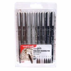 UNI Uni-ball PIN Fineliner Drawing pens (SEPIA & GREY & BLACK) - tenké linery - sada 8 ks