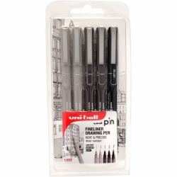 UNI Uni-ball PIN Fineliner Drawing pens (GREY & BLACK) - tenké linery - sada 5 ks