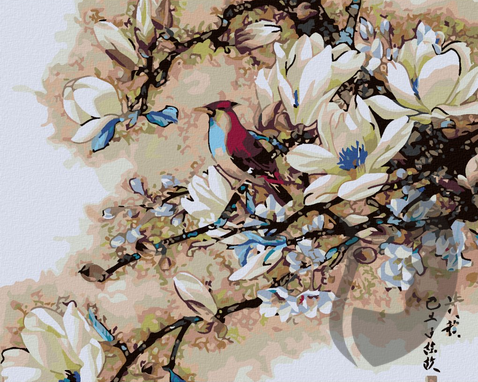 Malování podle čisel - Ptáček ve větvích - 40 x 50 cm - obtížnost 3 (Střední)