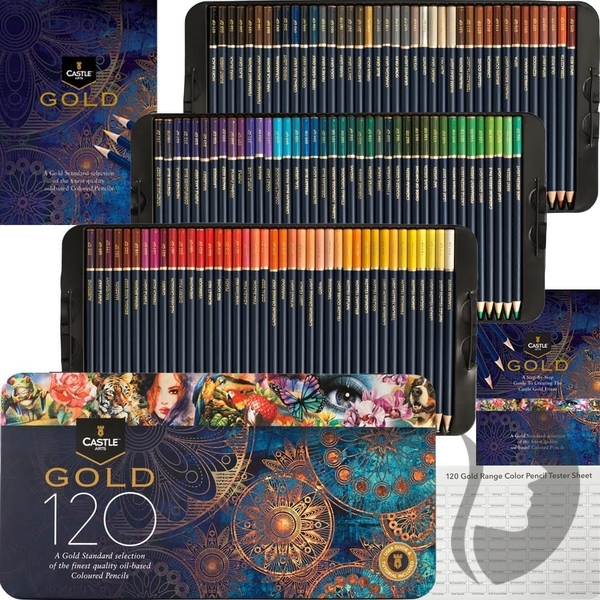 Castle Art Supplies GOLD Standard - umělecké pastelky - sada 120 ks - v plechové krabičce s platy