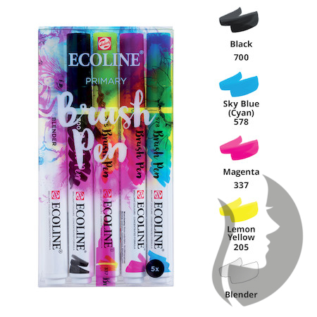 Royal Talens ECOLINE brush pen - štětcové fixy - rozmývatelné - SADA 5 ks PRIMARY - základní barvy