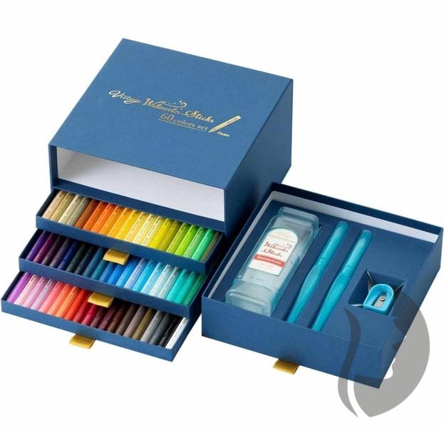 Pentel Vintage Watercolor Sticks - akvarelové tyčinky v boxu - sada 60 ks + příslušenství