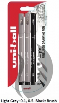 UNI Uni-ball PIN Fineliner Drawing pens (LIGHT GREY & BLACK) - tenké linery - sada 3 ks